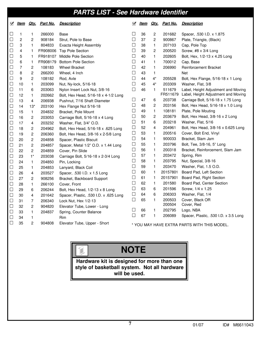 Huffy M6611043 manual Parts List See Hardware Identifier 