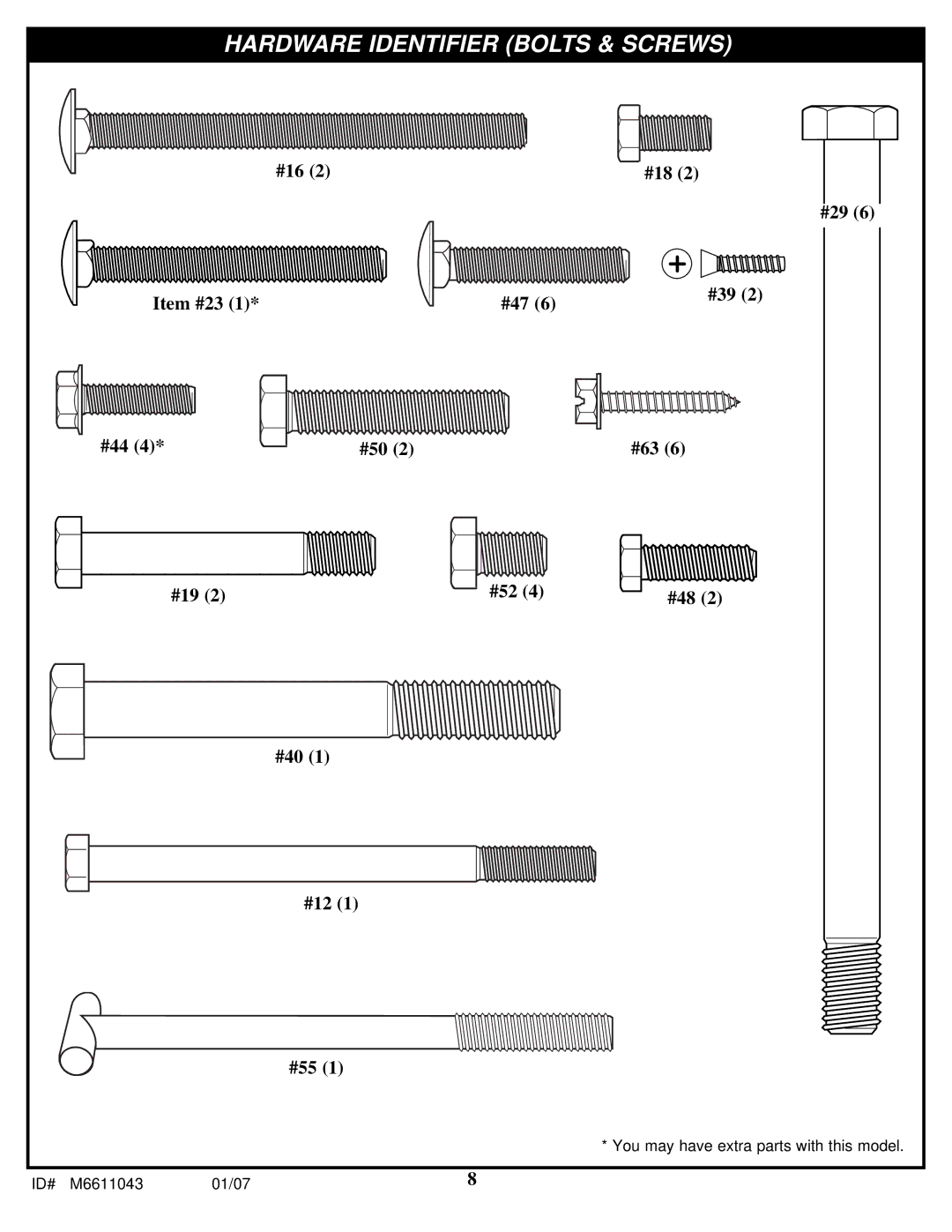 Huffy M6611043 manual Hardware Identifier Bolts & Screws 