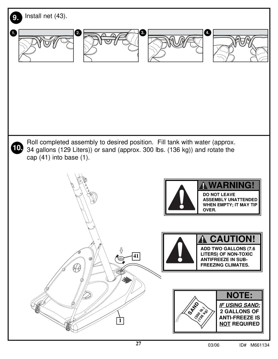 Huffy M6611343, 561000 manual If Using Sand 2 Gallons of ANTI-FREEZE is not Required 