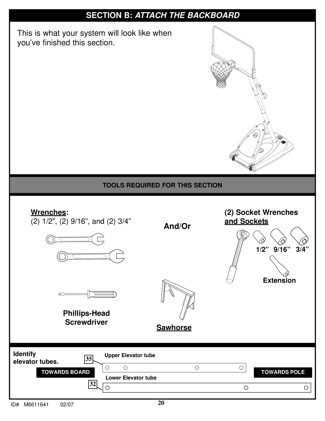 Huffy M6611641 manual Section B Attach the Backboard 