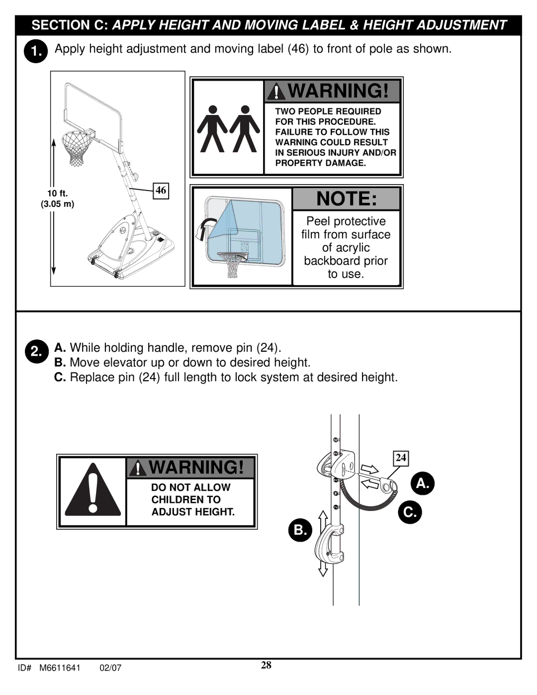 Huffy M6611641 manual Section C Apply Height and Moving Label & Height Adjustment 