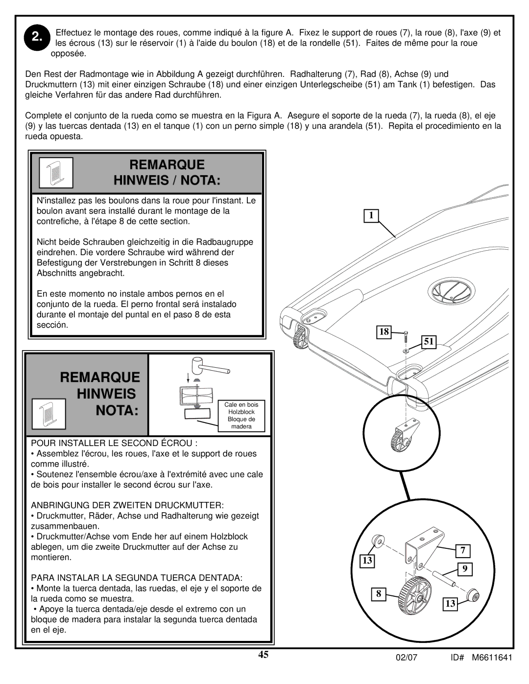 Huffy M6611641 manual Remarque Hinweis 