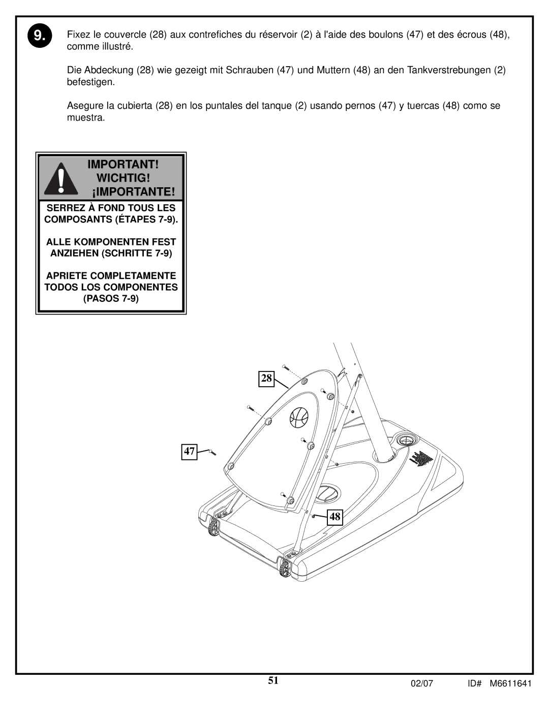 Huffy M6611641 manual Wichtig ¡IMPORTANTE 