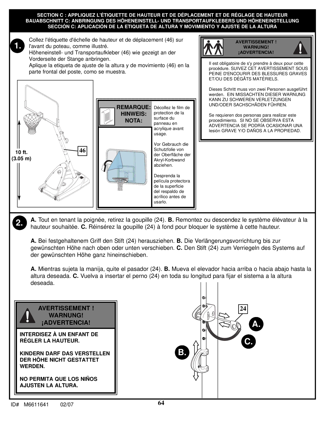 Huffy M6611641 manual Avertissement Warnung ¡ADVERTENCIA 