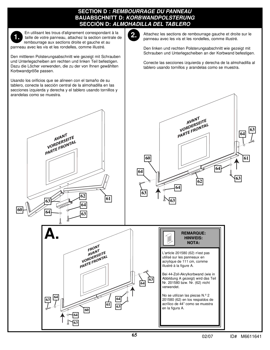 Huffy M6611641 manual Remarque Hinweis Nota 