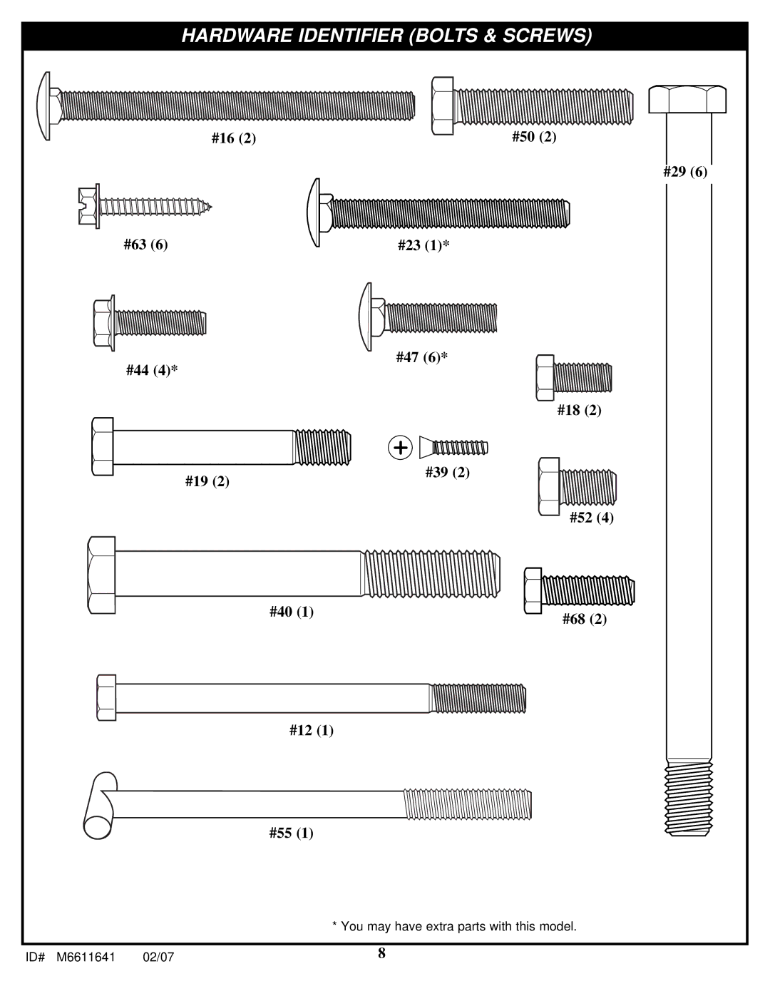 Huffy M6611641 manual Hardware Identifier Bolts & Screws 