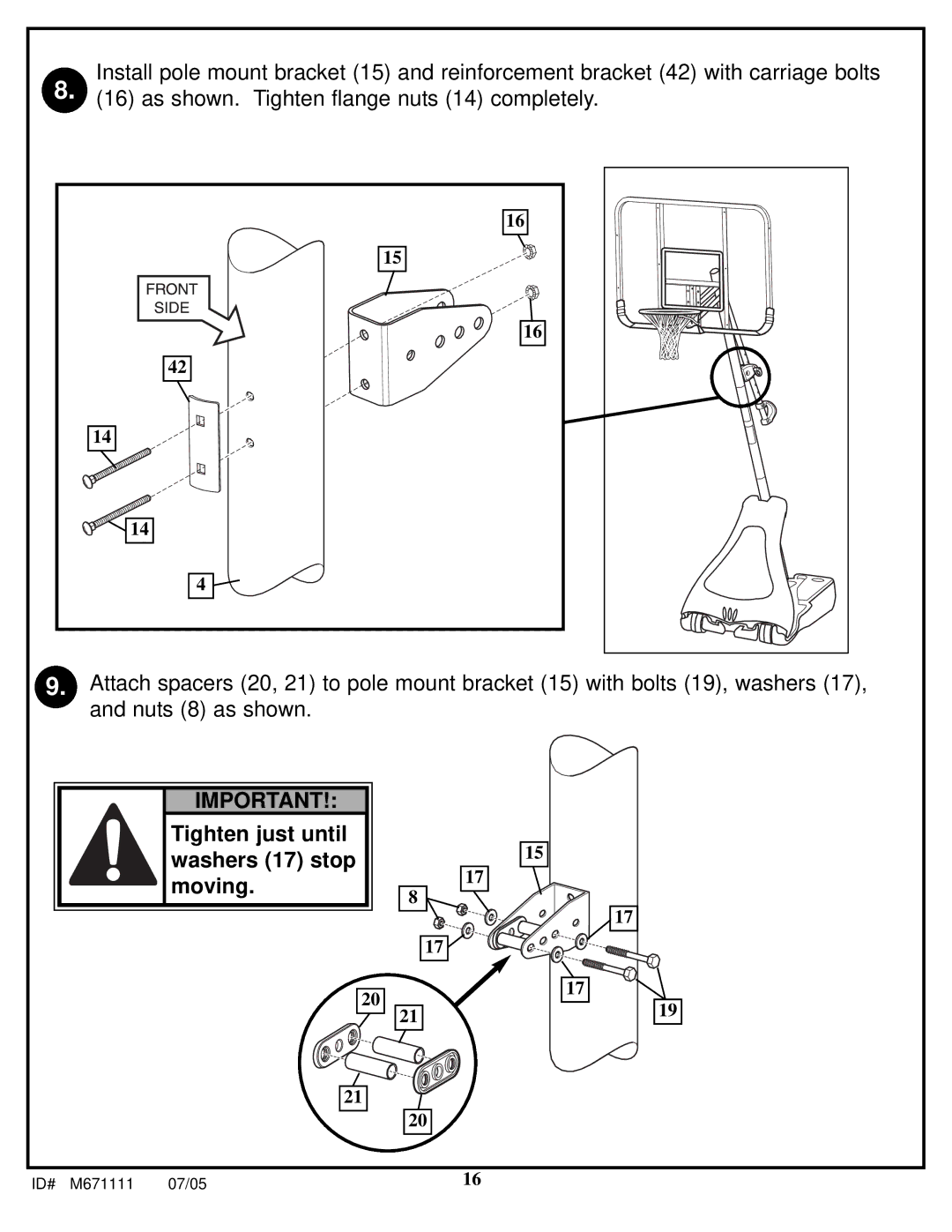 Huffy M671111 manual Tighten just until washers 17 stop moving 