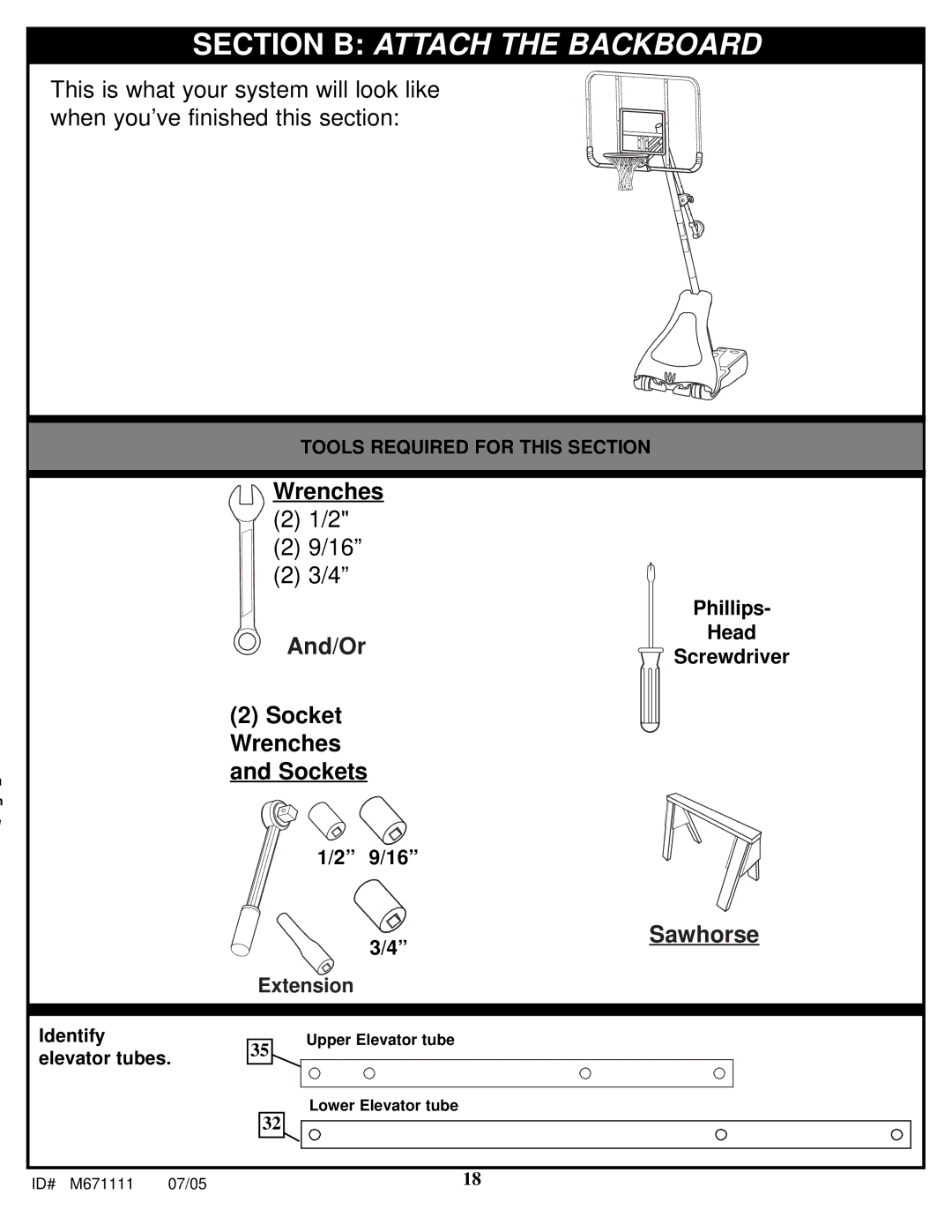 Huffy M671111 manual Section B Attach the Backboard 