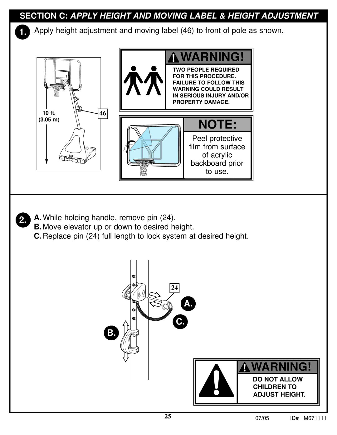 Huffy M671111 manual Section C Apply Height and Moving Label & Height Adjustment 