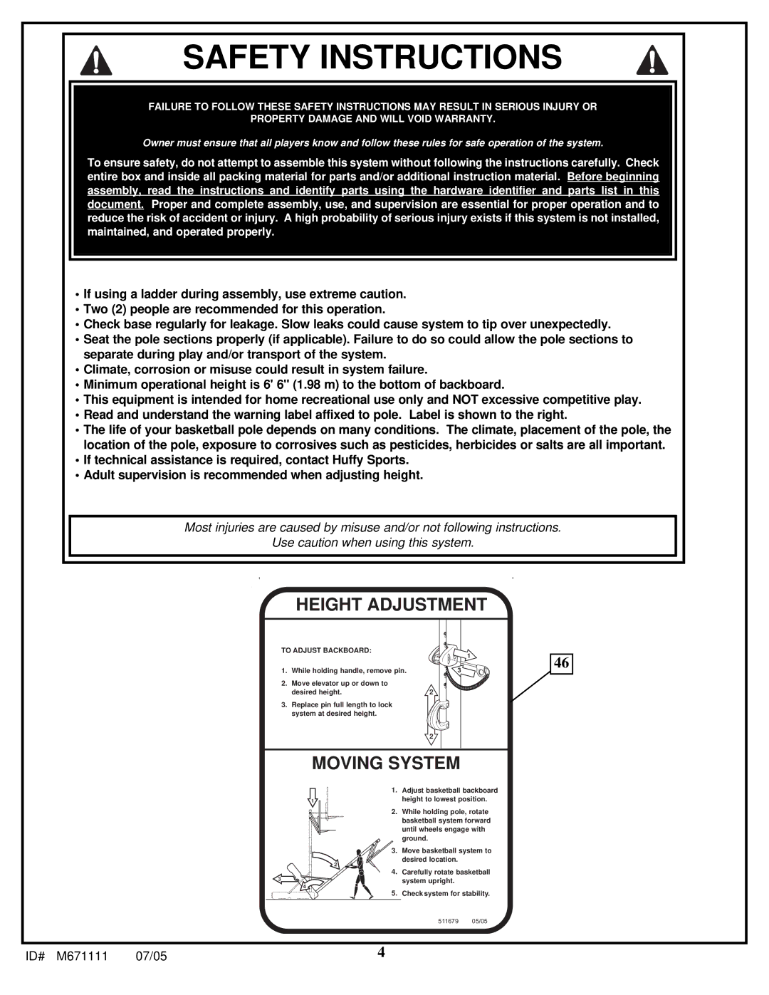 Huffy M671111 manual Safety Instructions 