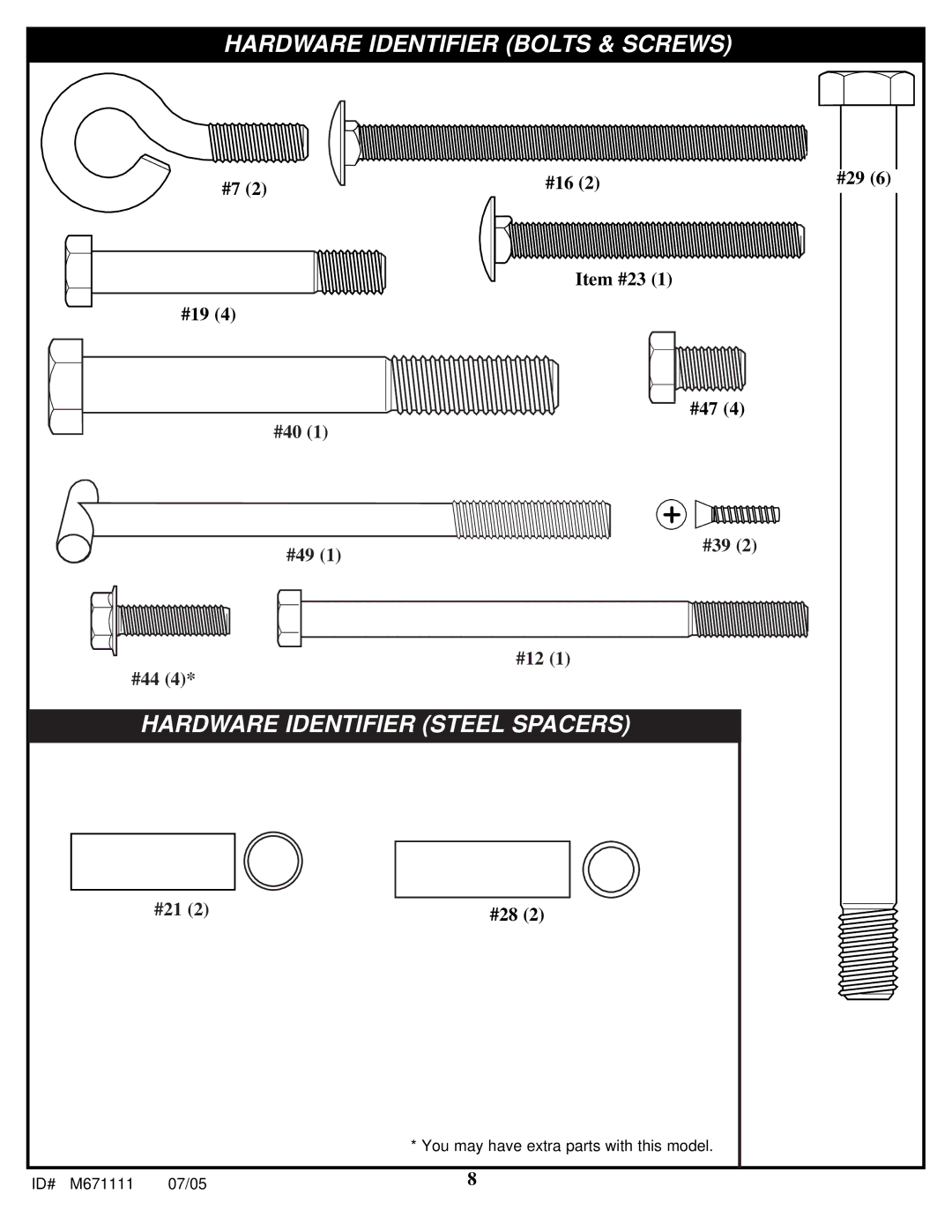 Huffy M671111 manual Hardware Identifier Bolts & Screws 