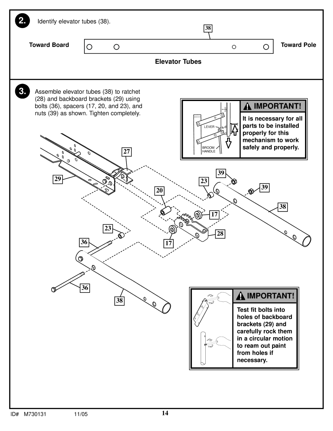 Huffy M730131 manual Elevator Tubes 