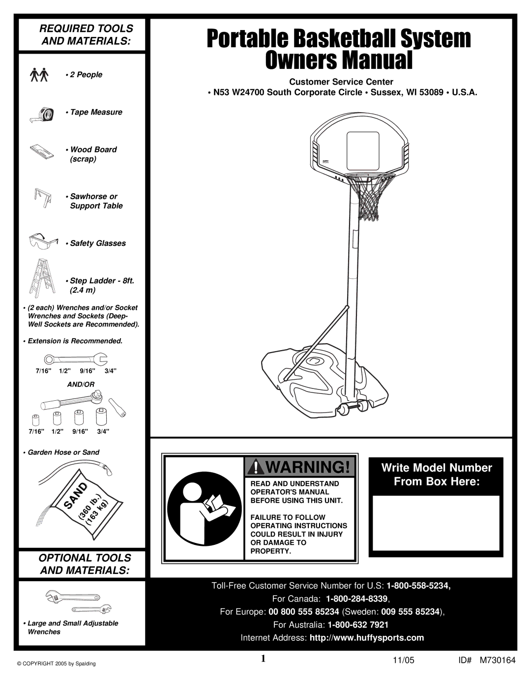 Huffy M730164 manual Portable Basketball System 