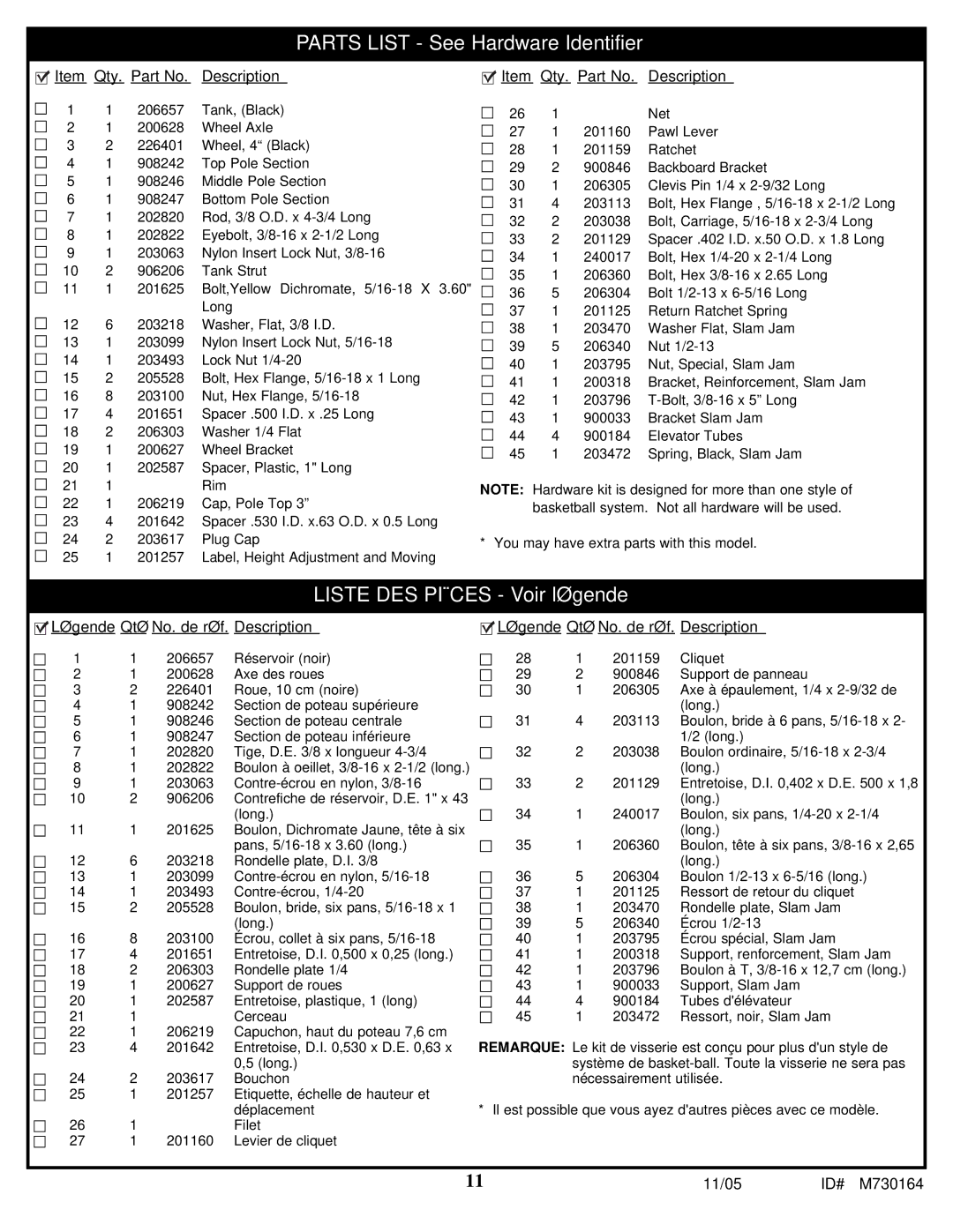 Huffy M730164 manual Parts List See Hardware Identifier 