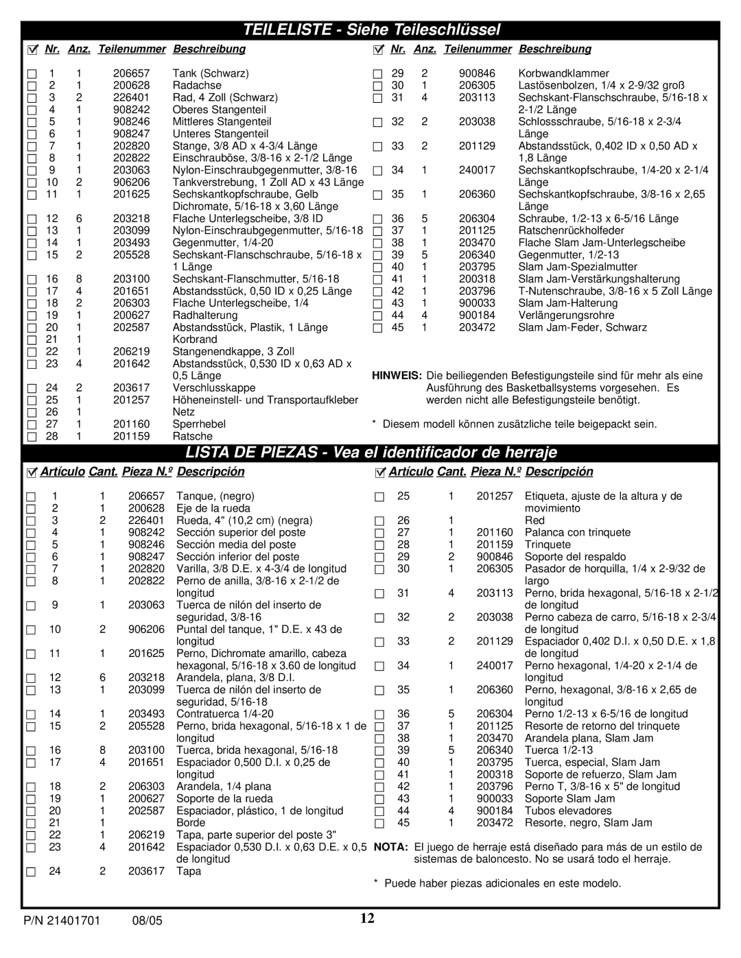 Huffy M730164 manual Teileliste Siehe Teileschlüssel 