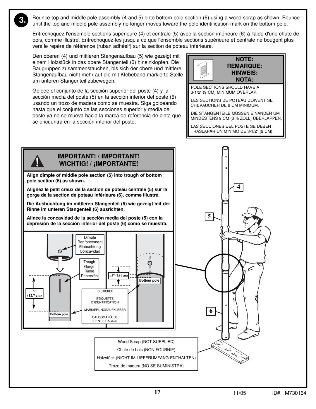 Huffy M730164 manual IMPORTANT! / Important WICHTIG! / ¡IMPORTANTE, Remarque Hinweis Nota 