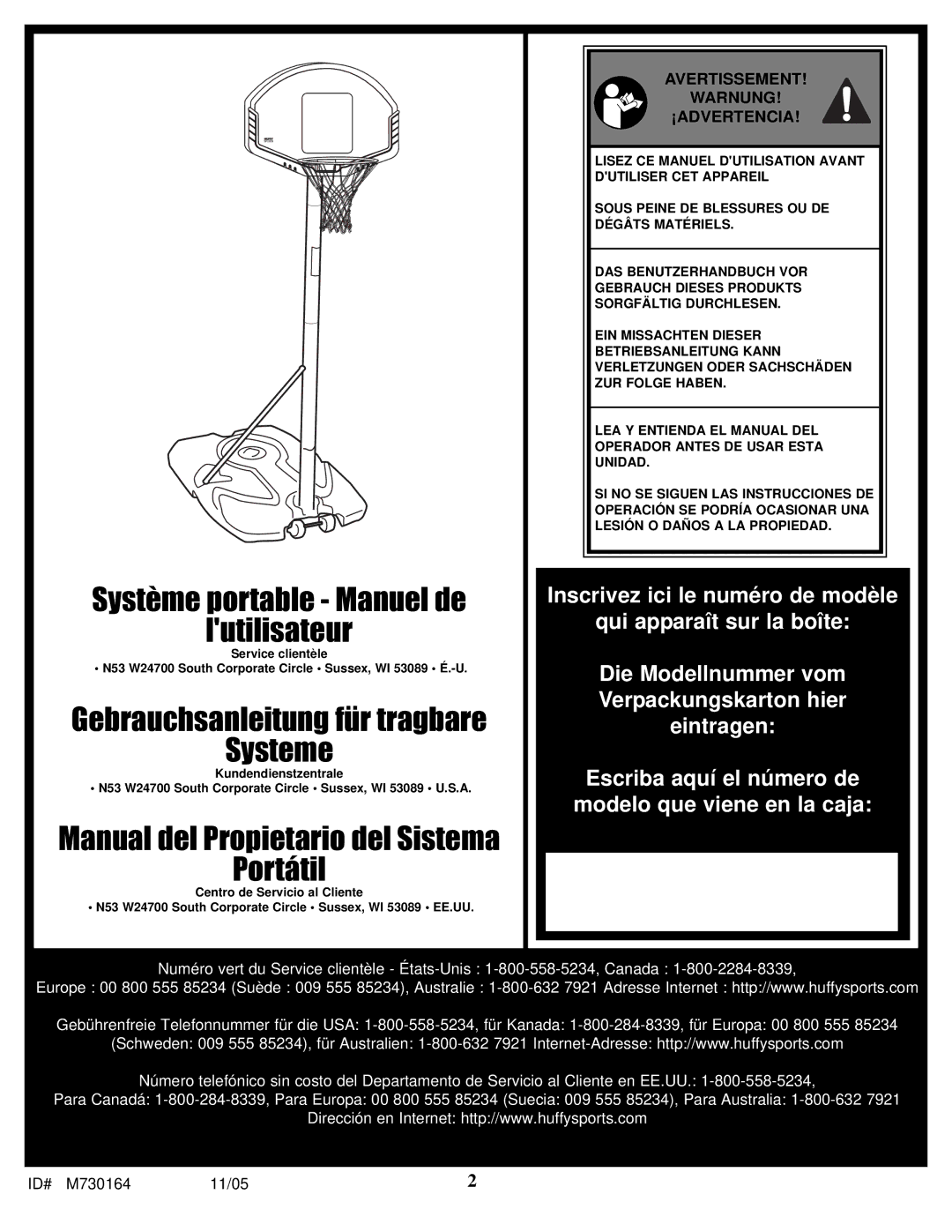 Huffy M730164 manual Manual del Propietario del Sistema Portátil, Avertissement Warnung ¡ADVERTENCIA 