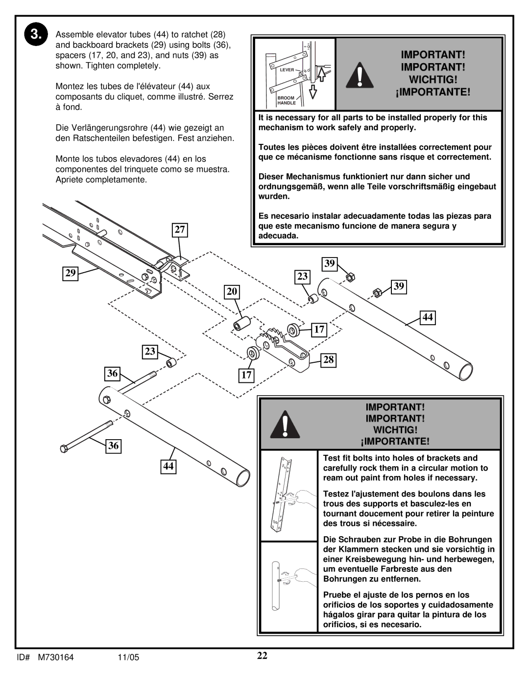 Huffy M730164 manual Wichtig, ¡Importante 