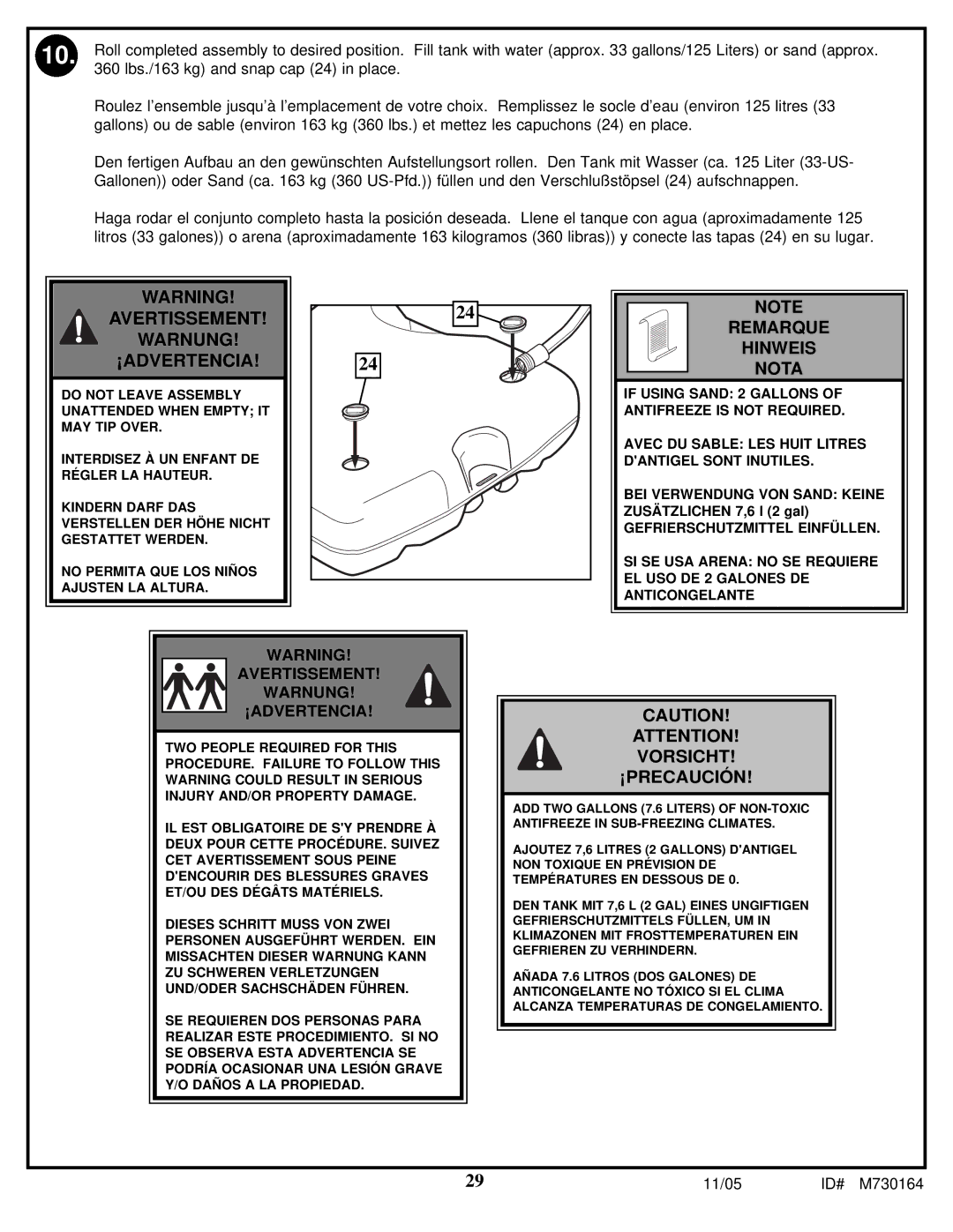 Huffy M730164 manual Avertissement Warnung ¡ADVERTENCIA, Vorsicht ¡PRECAUCIÓN 