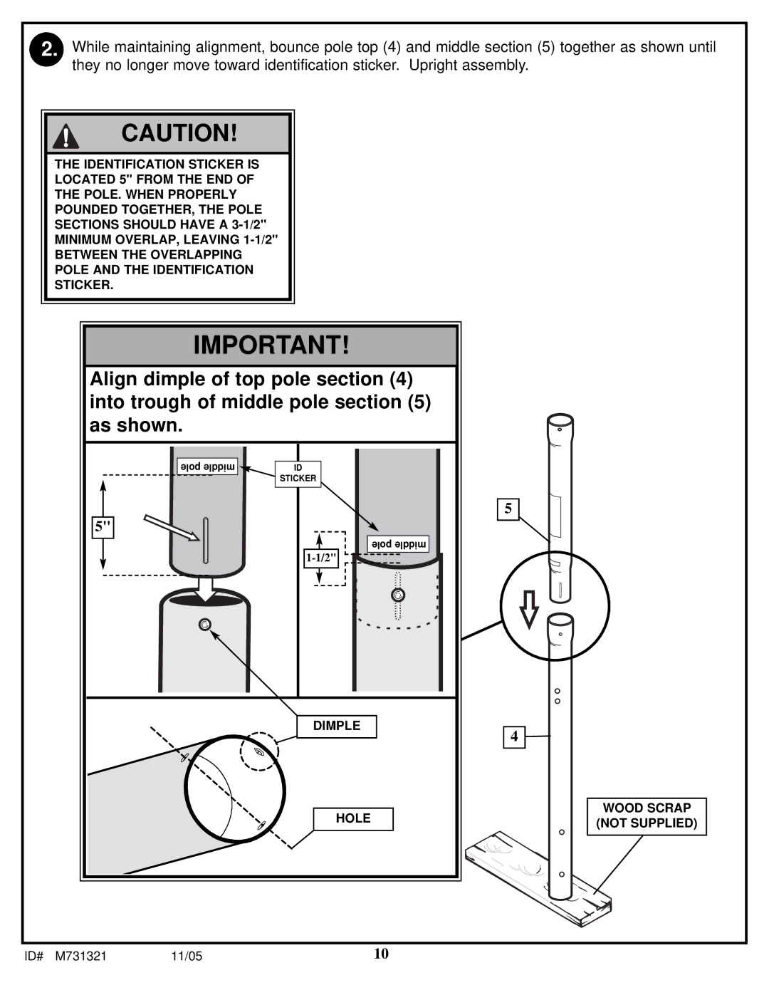 Huffy M731321 manual Align dimple of top pole into trough of middle pole as shown 