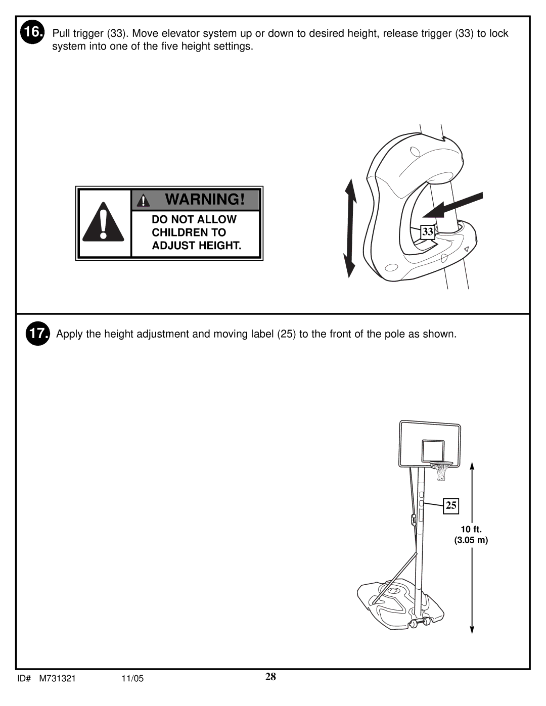 Huffy M731321 manual Do not Allow Children to Adjust Height 