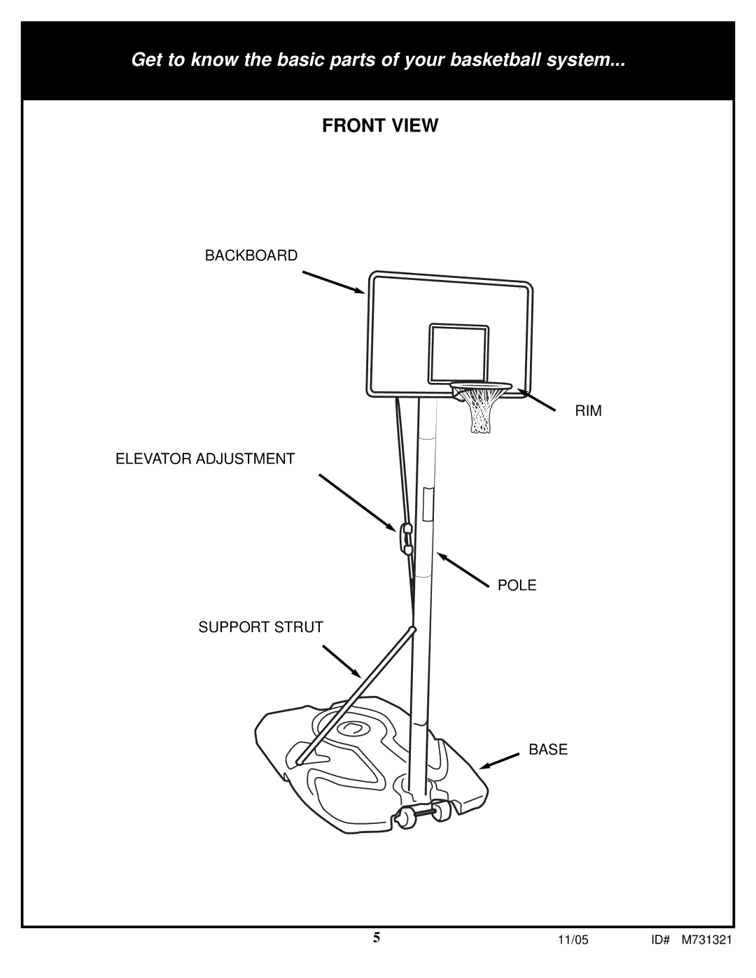 Huffy M731321 manual Get to know the basic parts of your basketball system 