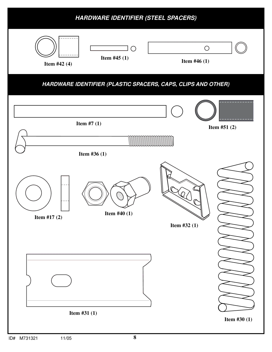 Huffy M731321 manual Hardware Identifier Steel Spacers 