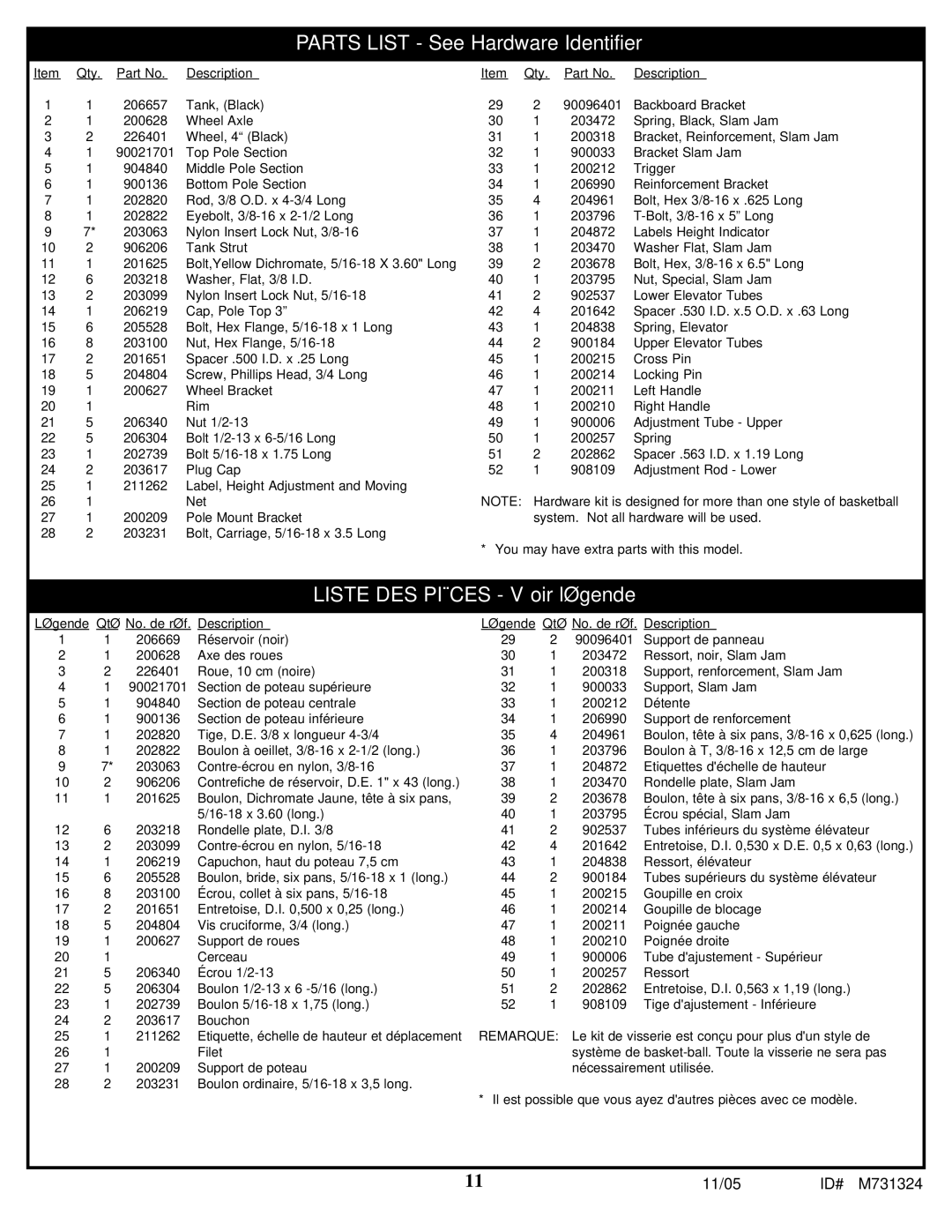 Huffy M731324 manual Parts List See Hardware Identifier 