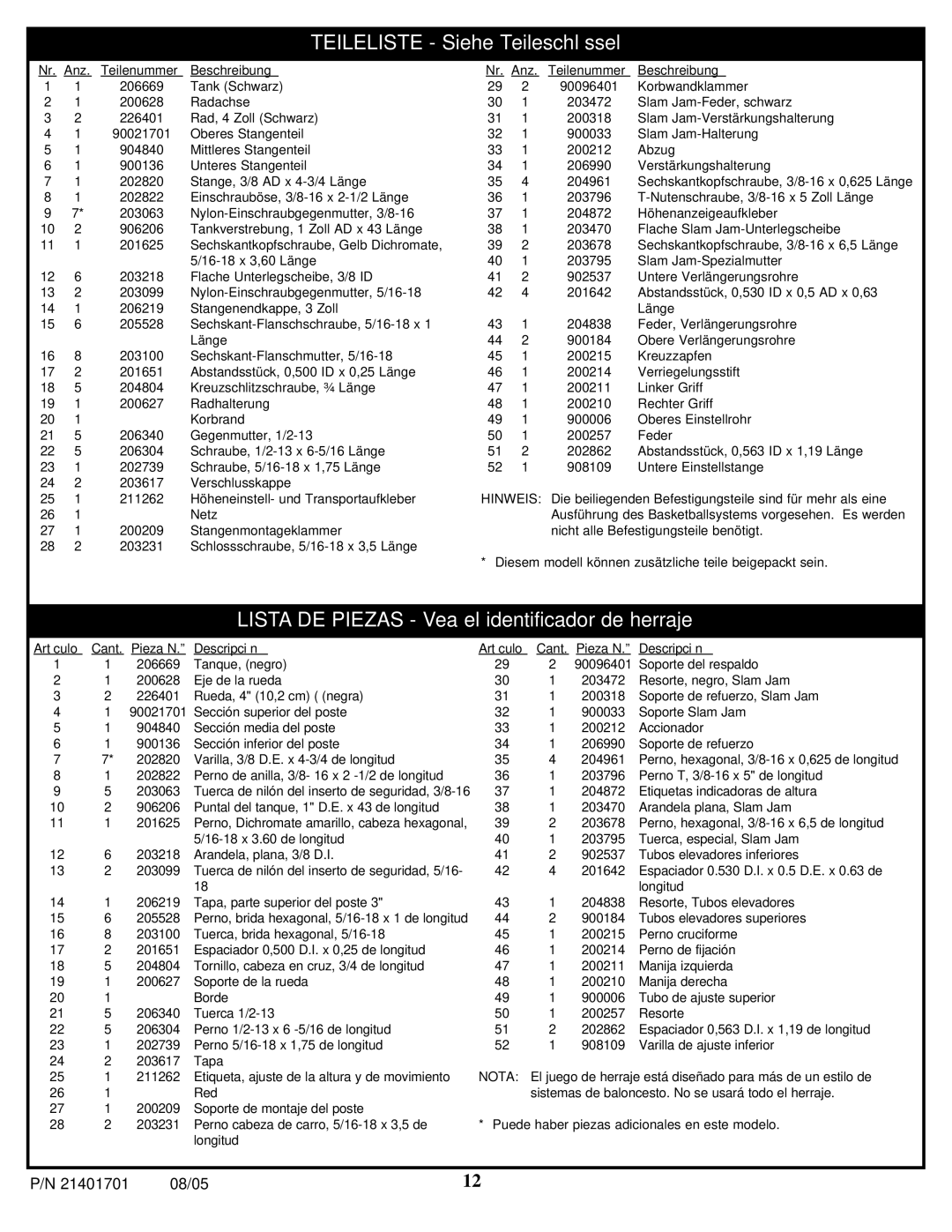 Huffy M731324 manual Teileliste Siehe Teileschlüssel 