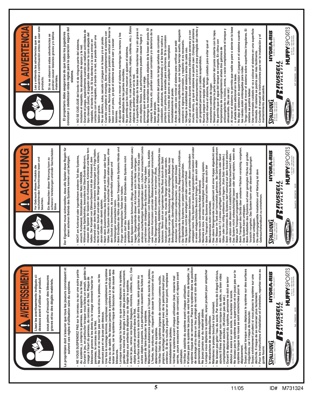 Huffy M731324 manual Achtung, Avertissement 