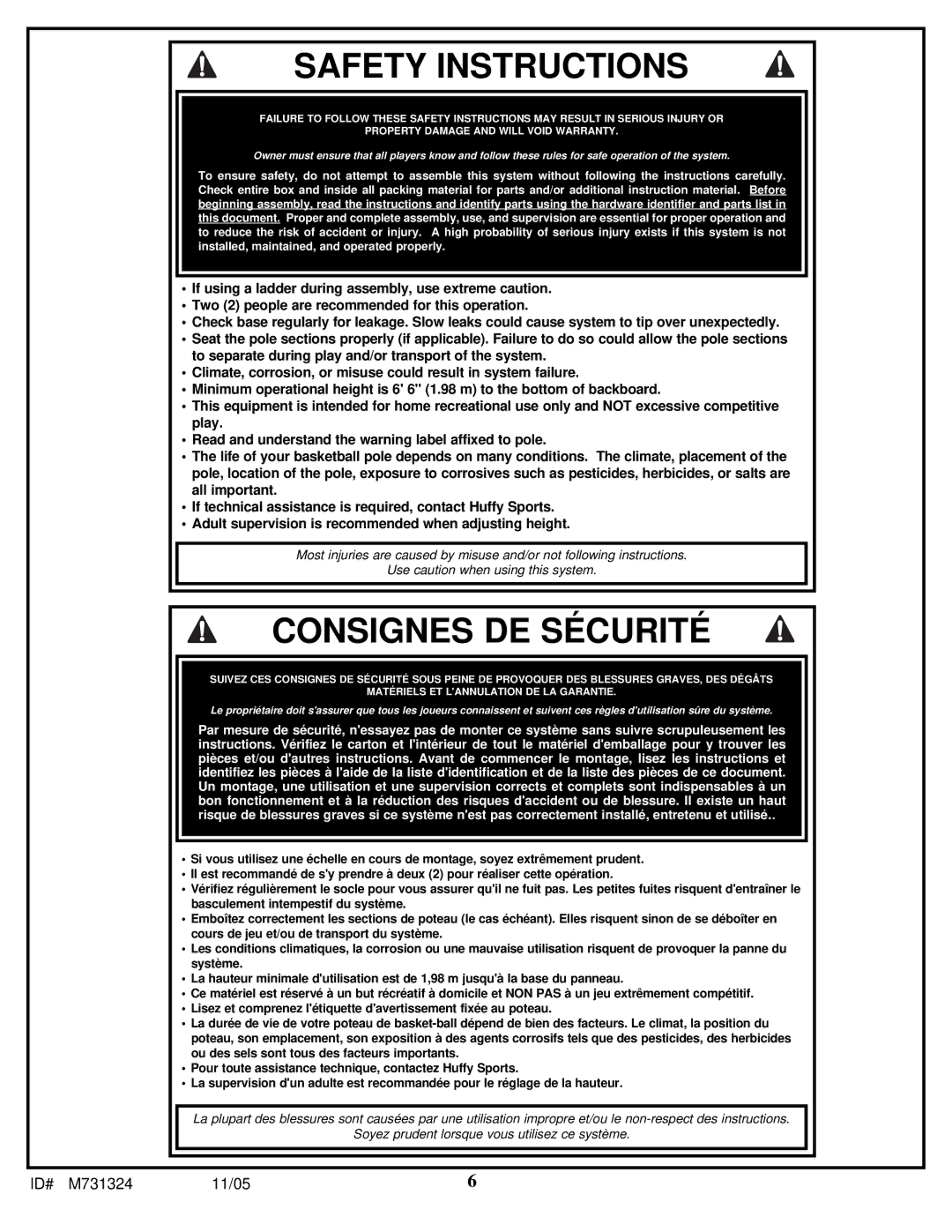 Huffy M731324 manual Safety Instructions 