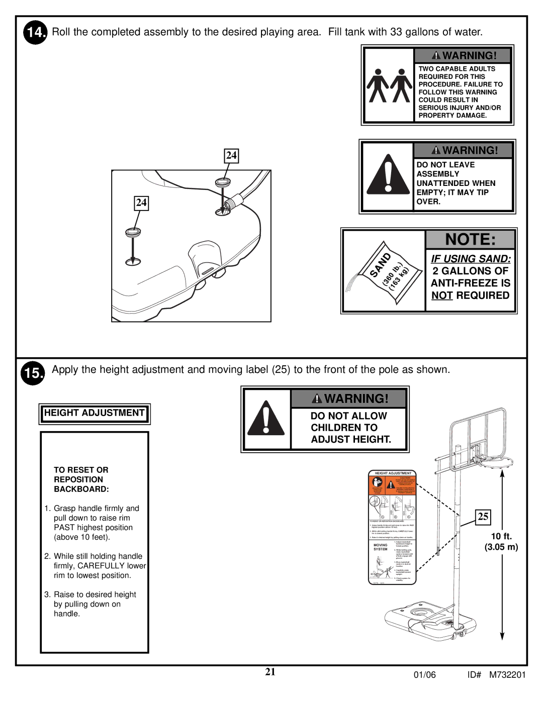 Huffy M732201 manual If Using Sand 2 Gallons of ANTI-FREEZE is not Required 