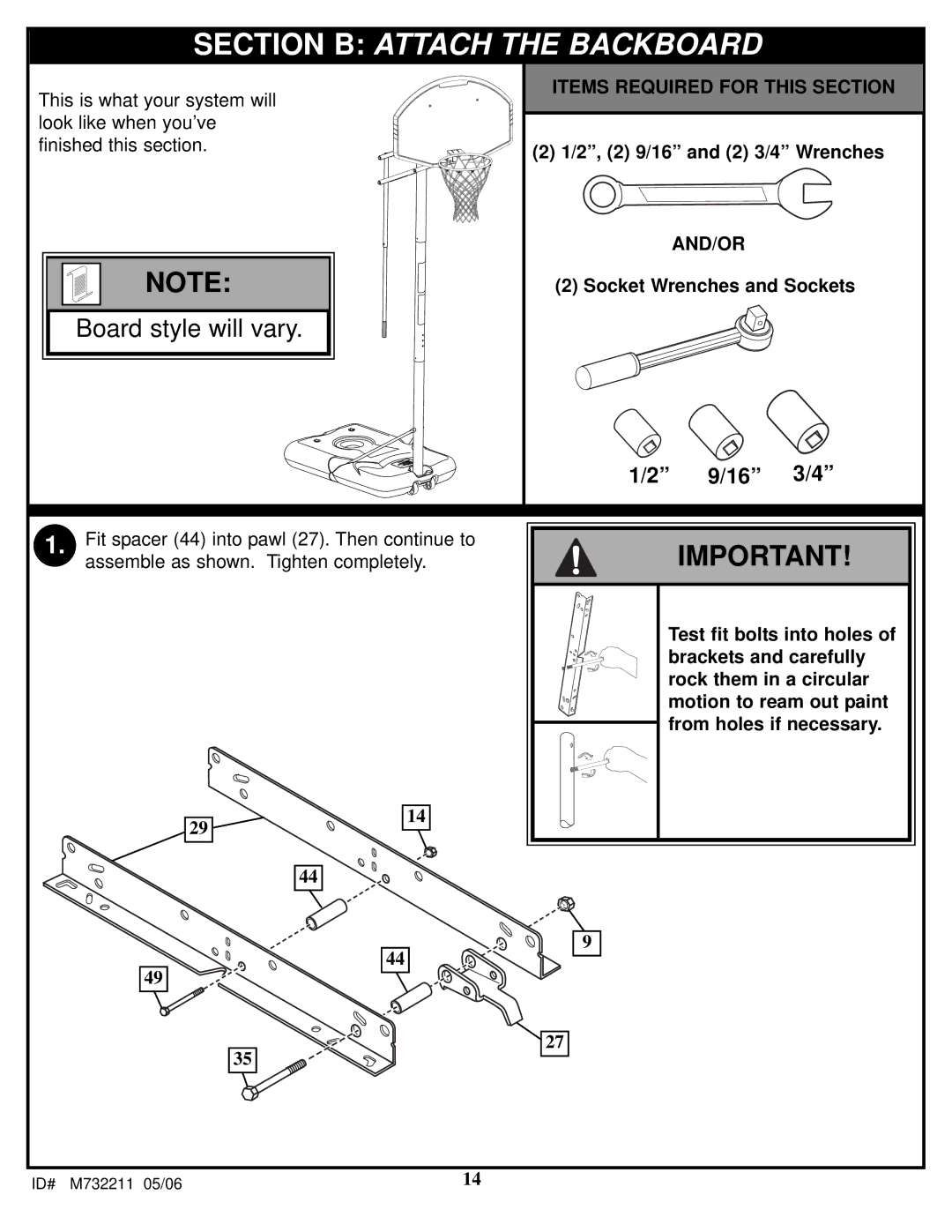 Huffy M732211 manual Section B Attach the Backboard 