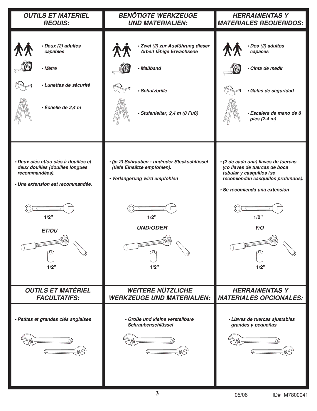 Huffy M7800041 manual Outils ET Matériel Benötigte Werkzeuge 