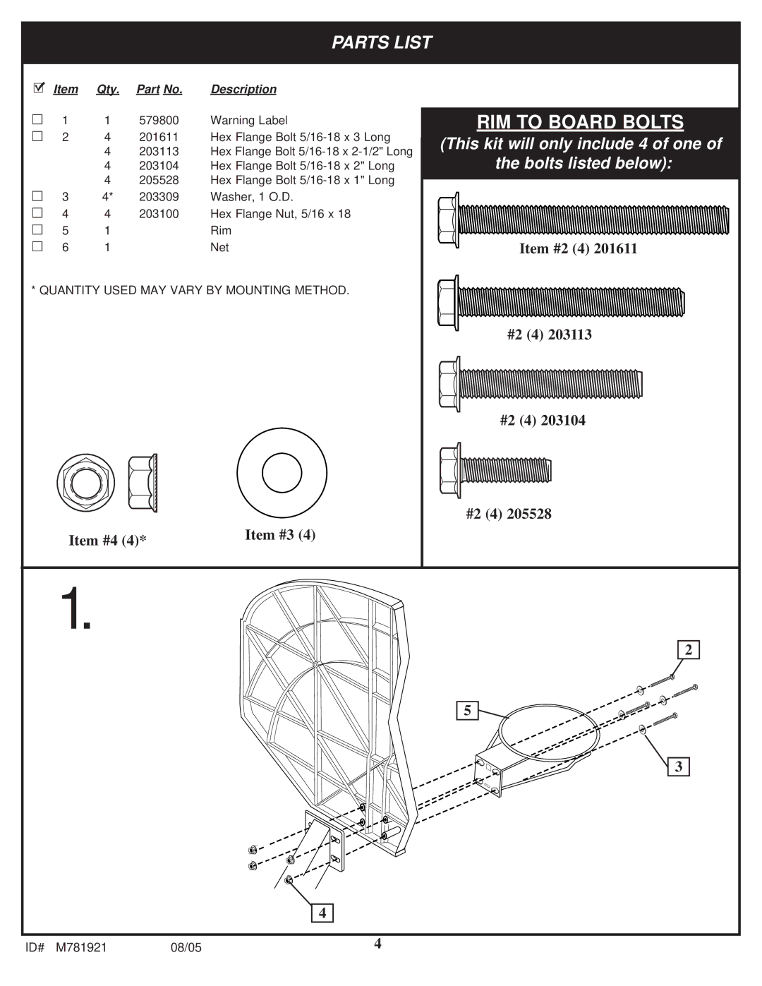 Huffy M781921 manual RIM to Board Bolts 