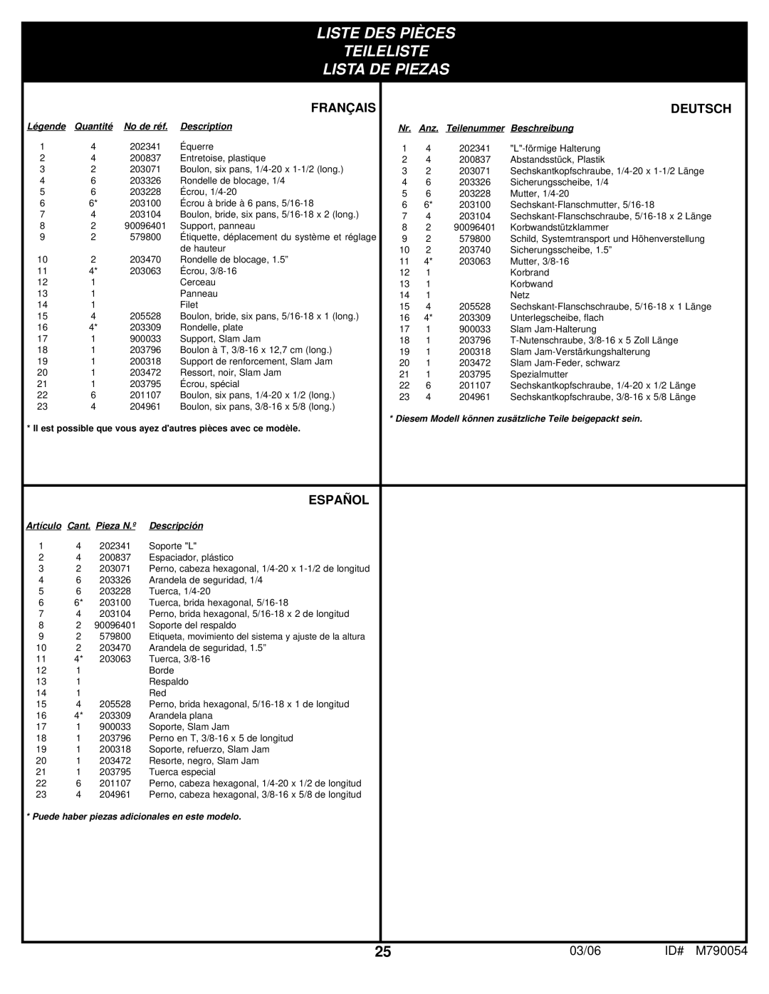 Huffy M790054 manual Liste DES Pièces Teileliste Lista DE Piezas 