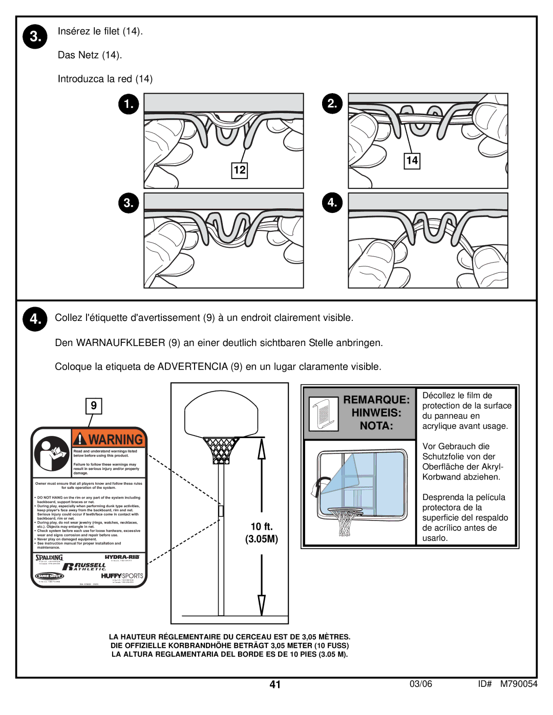 Huffy M790054 manual Remarque Hinweis Nota 