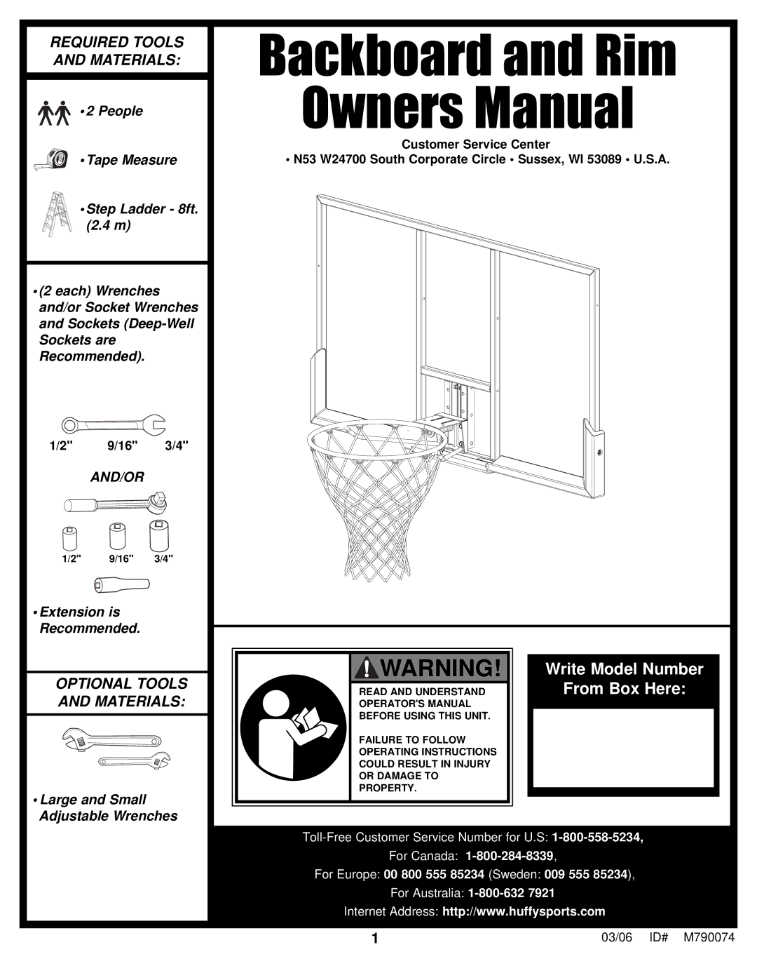 Huffy M790074 manual Backboard and Rim 