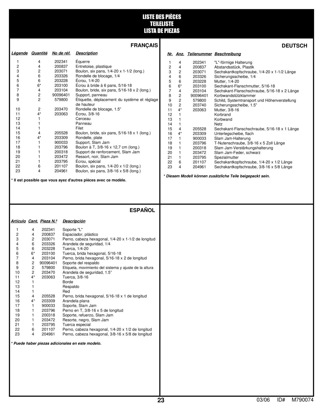 Huffy M790074 manual Liste DES Pièces Teileliste Lista DE Piezas 