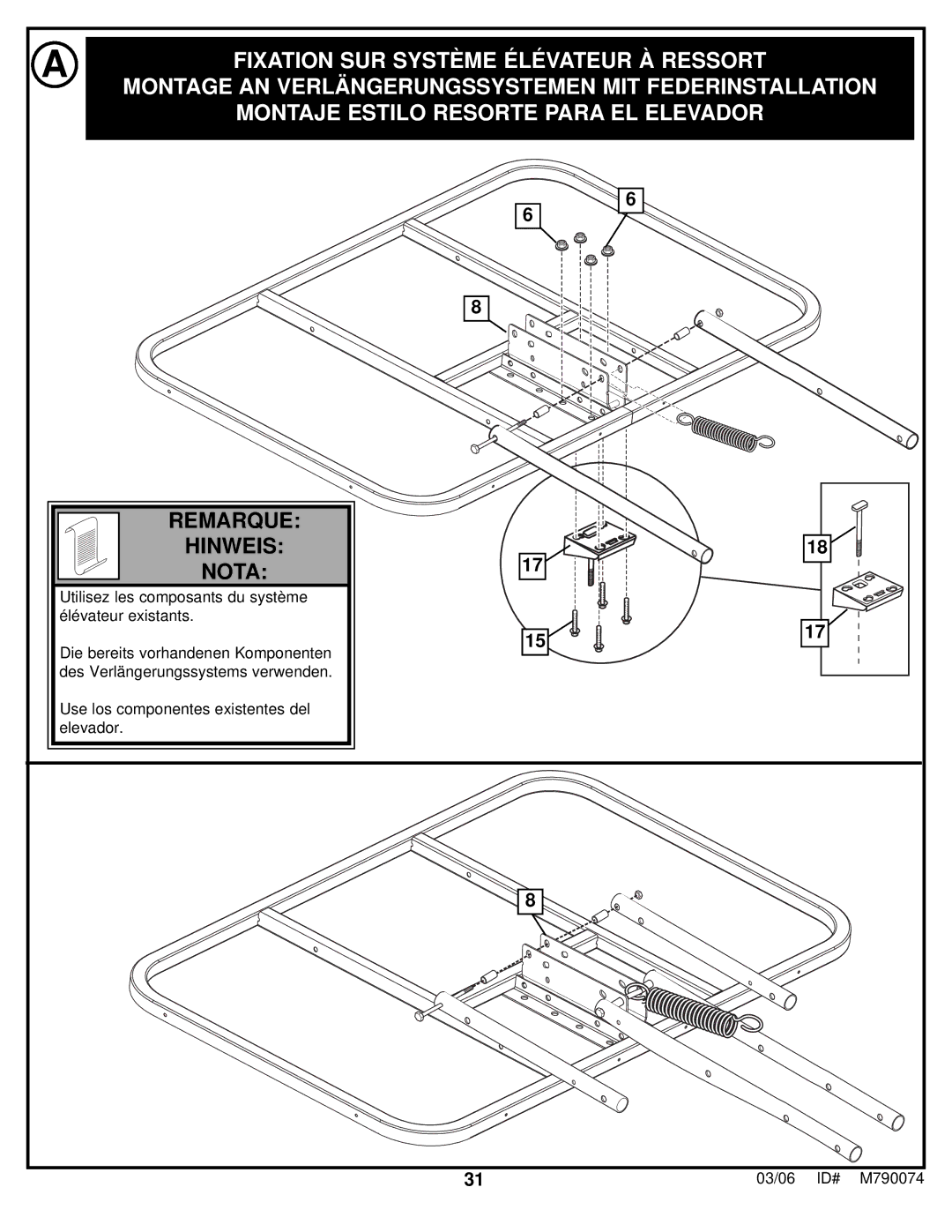 Huffy M790074 manual Fixation SUR Système Élévateur À Ressort, Montaje Estilo Resorte Para EL Elevador 