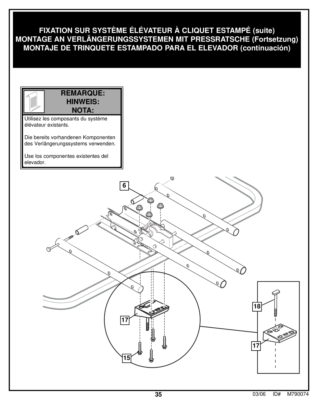 Huffy M790074 manual Fixation SUR Système Élévateur À Cliquet Estampé suite 