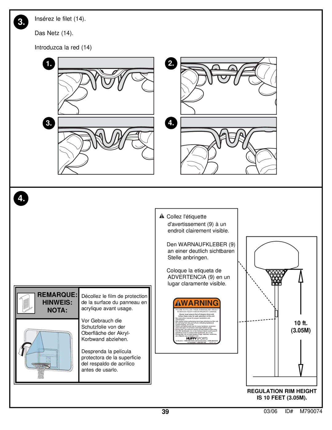 Huffy M790074 manual Remarque Hinweis Nota 