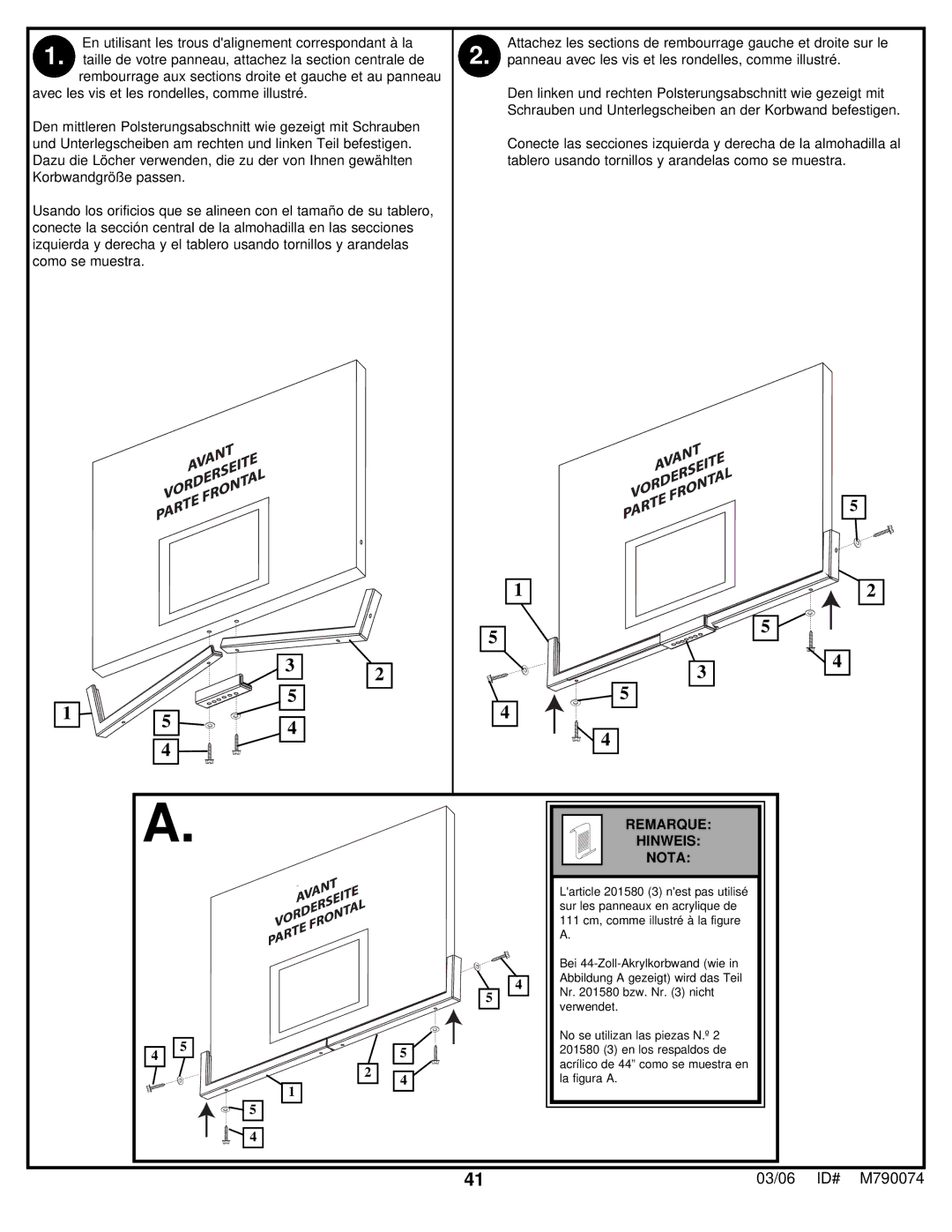 Huffy M790074 manual Remarque Hinweis Nota 