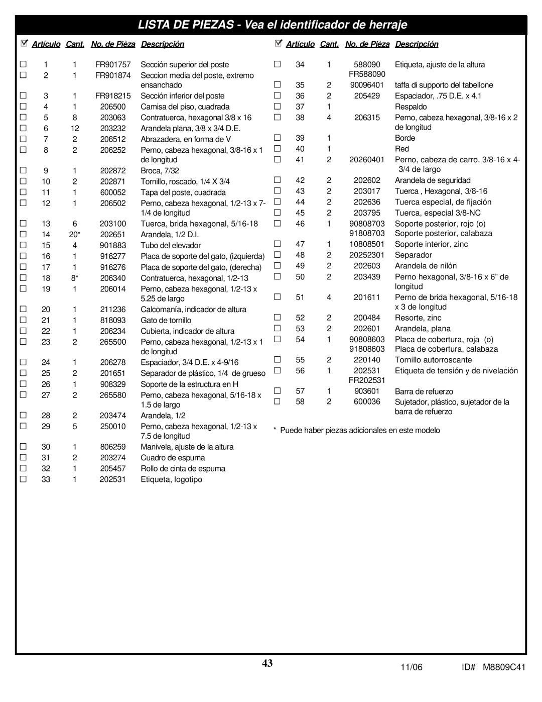 Huffy M8809C41 manual Lista DE Piezas Vea el identificador de herraje 