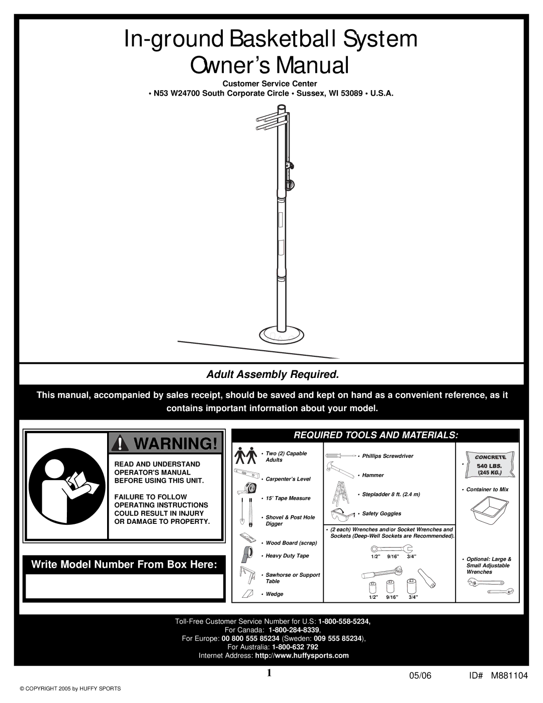 Huffy M881104 manual In-ground Basketball System 