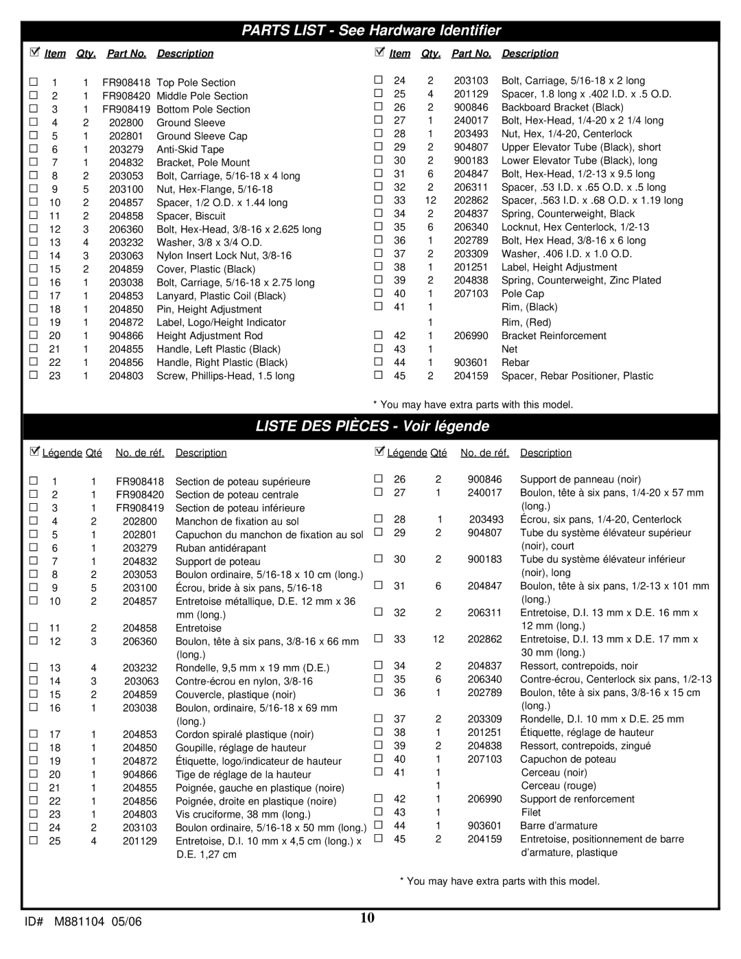 Huffy M881104 manual Parts List See Hardware Identifier 