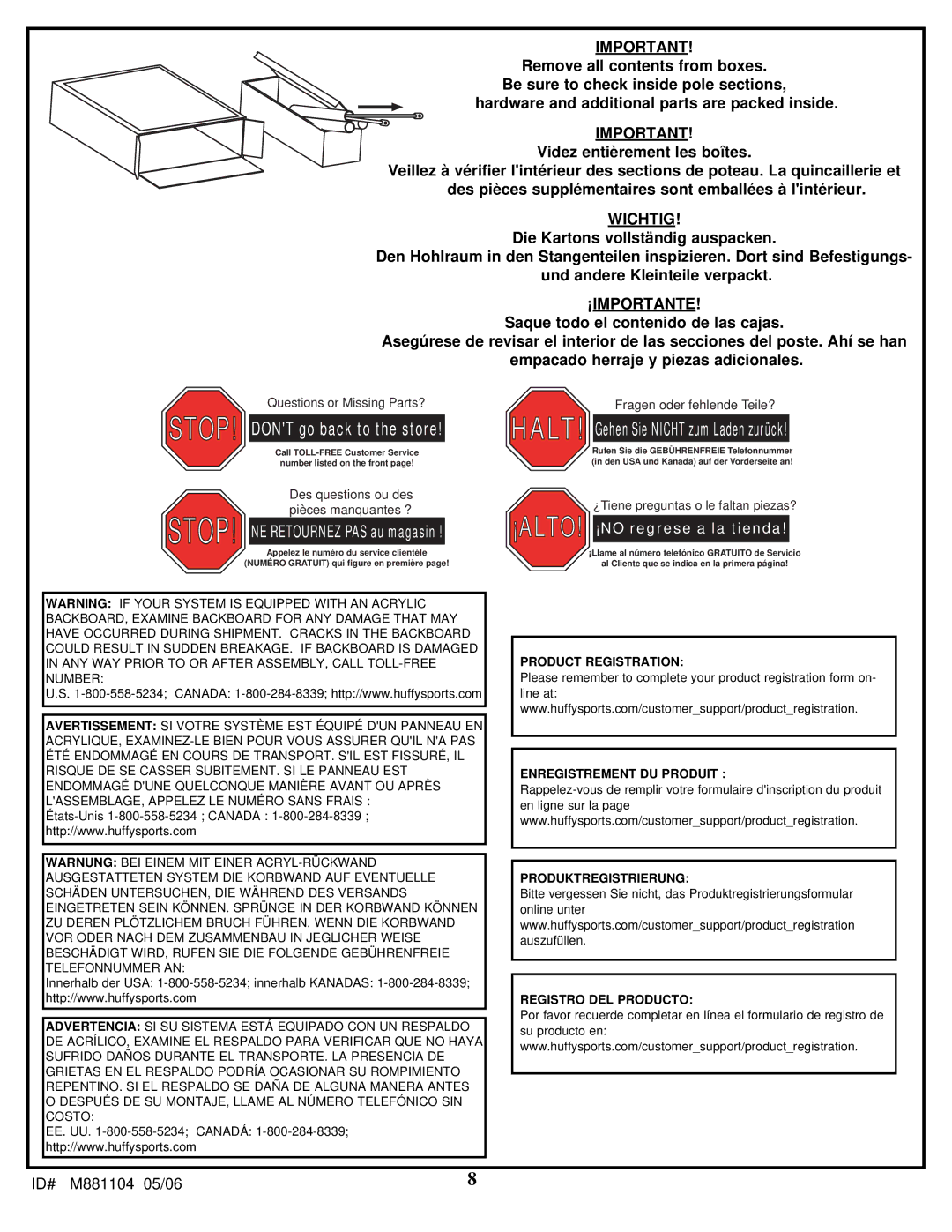 Huffy M881104 manual Wichtig, ¡Importante 