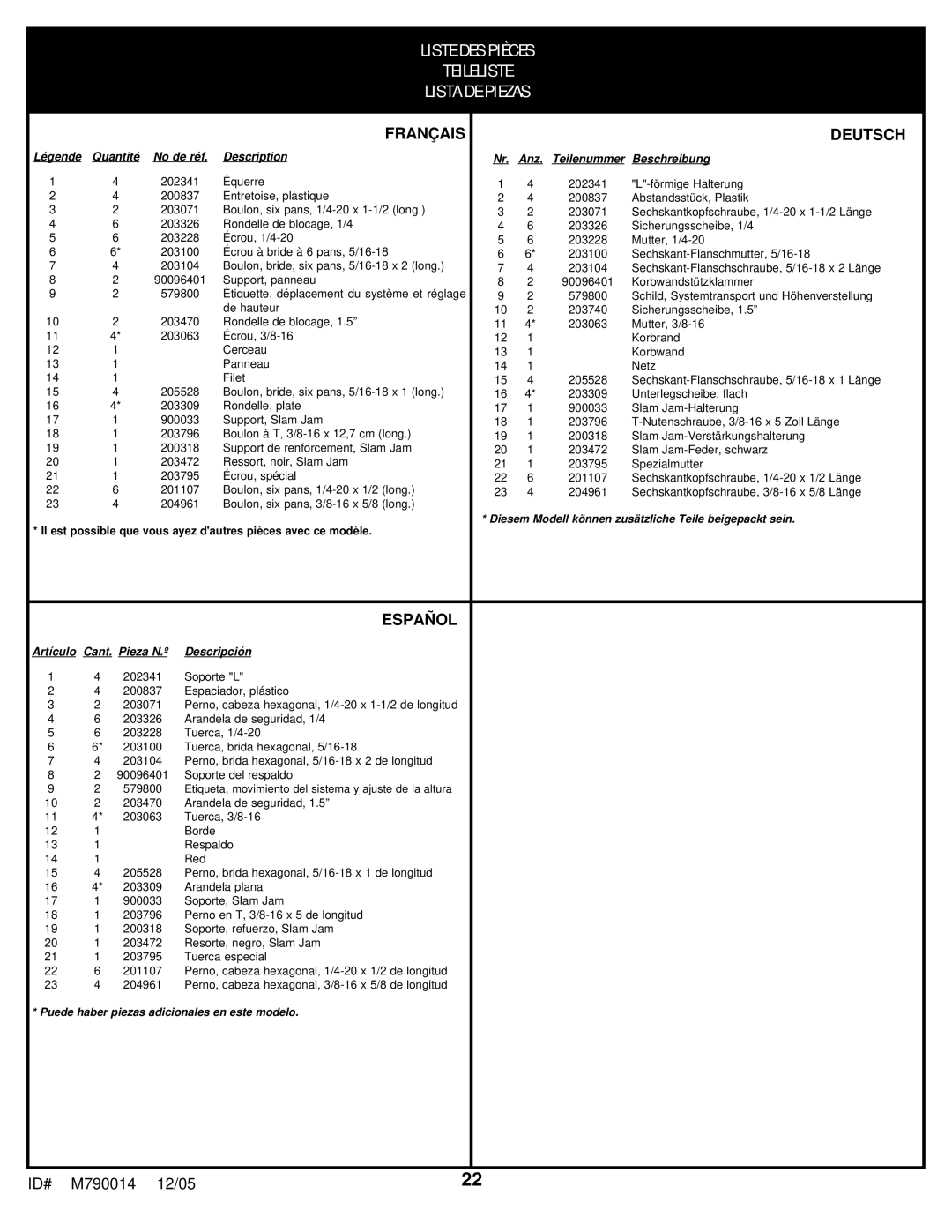 Huffy MX4006 manual Liste DES Pièces 