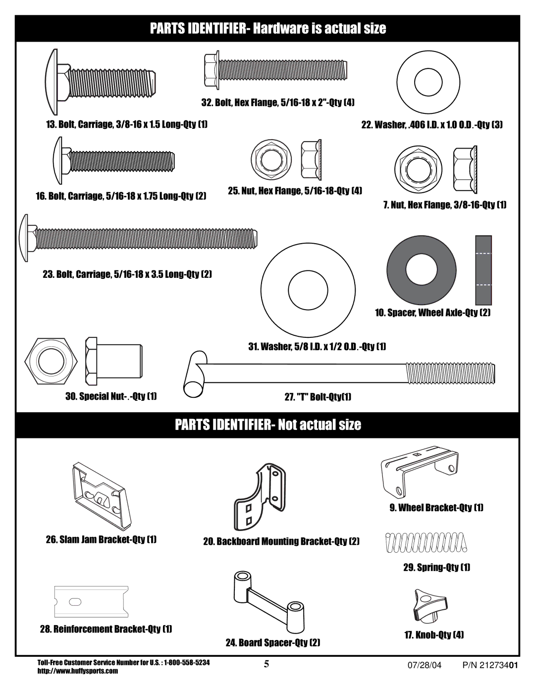 Huffy N1-506 manual Parts IDENTIFIER- Hardware is actual size 