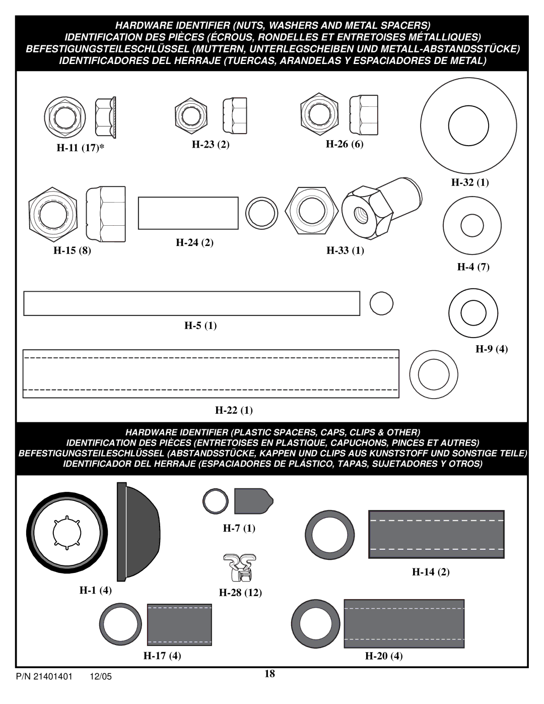 Huffy N5-101 manual Hardware Identifier NUTS, Washers and Metal Spacers 